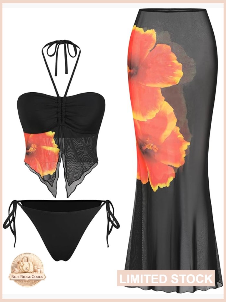 3 Piece Bikini Set With Sheer Cover Up Skirt Halter Bandeau Adjustable Ties